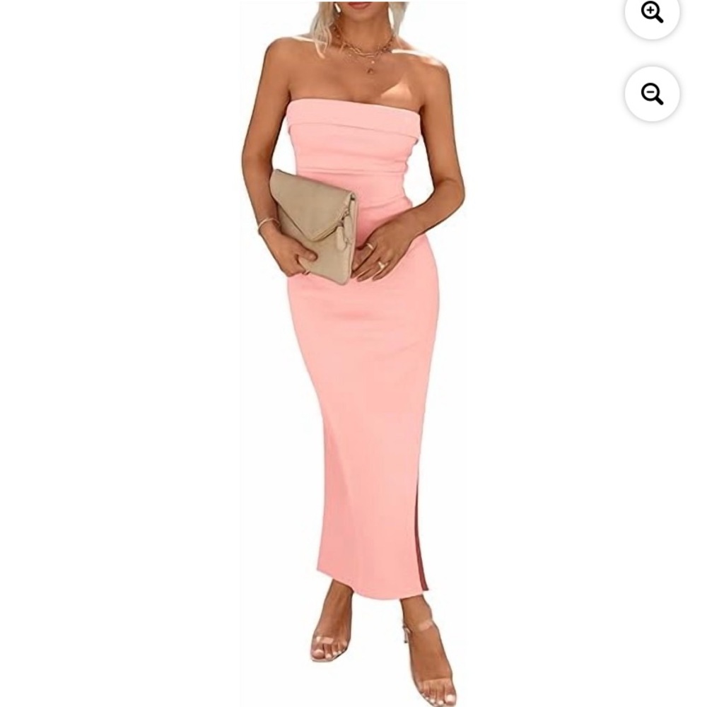 PRETTY GARDEN Bodycon Maxi Tube Dress Pink Ribbed Strapless Side Slit Sz S